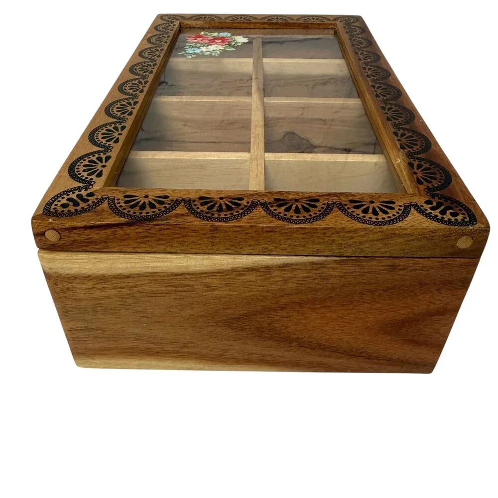 THE PIONEER WOMAN Wooden Tea Box Organizer Country Vintage Floral 8 Compartments - Picture 13 of 16